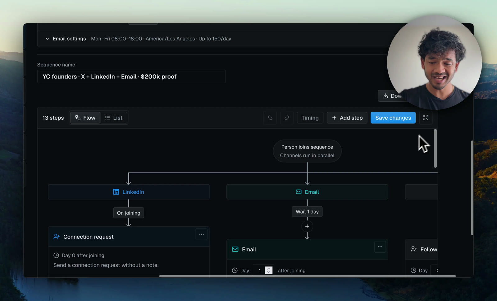 PumpGTM sequence flow: person joins, LinkedIn, email and X lanes run in parallel