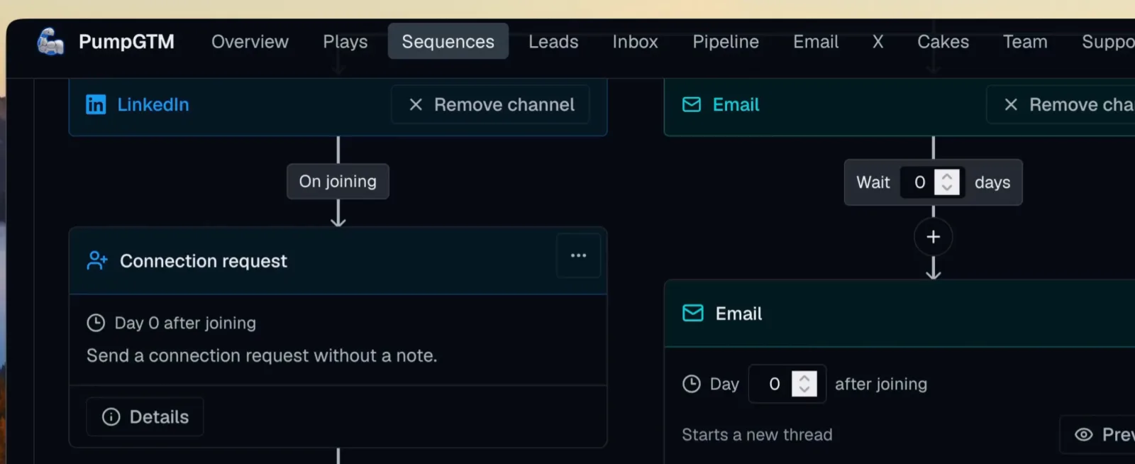 PumpGTM sequence editor with LinkedIn, email and X lanes running in parallel