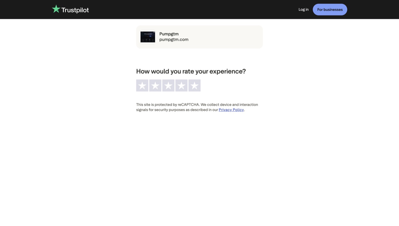 The Trustpilot review page for pumpgtm.com asking How would you rate your experience, with five empty stars to click.